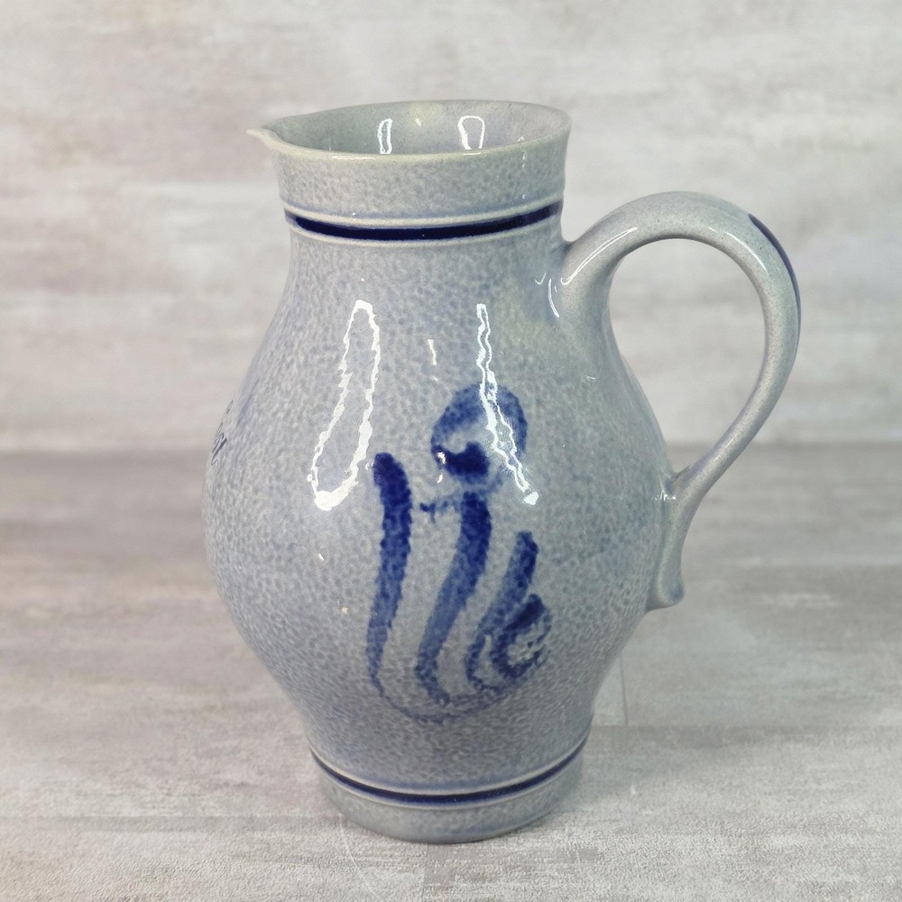 German Stoneware Marzi Remy Pottery Cobalt Blue Salt Glaze Apple Wine Pitcher